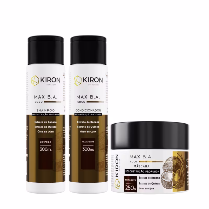 Kit Shampoo e Condicionador Coco 2X300ml + Máscara Coco Max B.A Reconstrução Kiron Cosmeticos 250gr