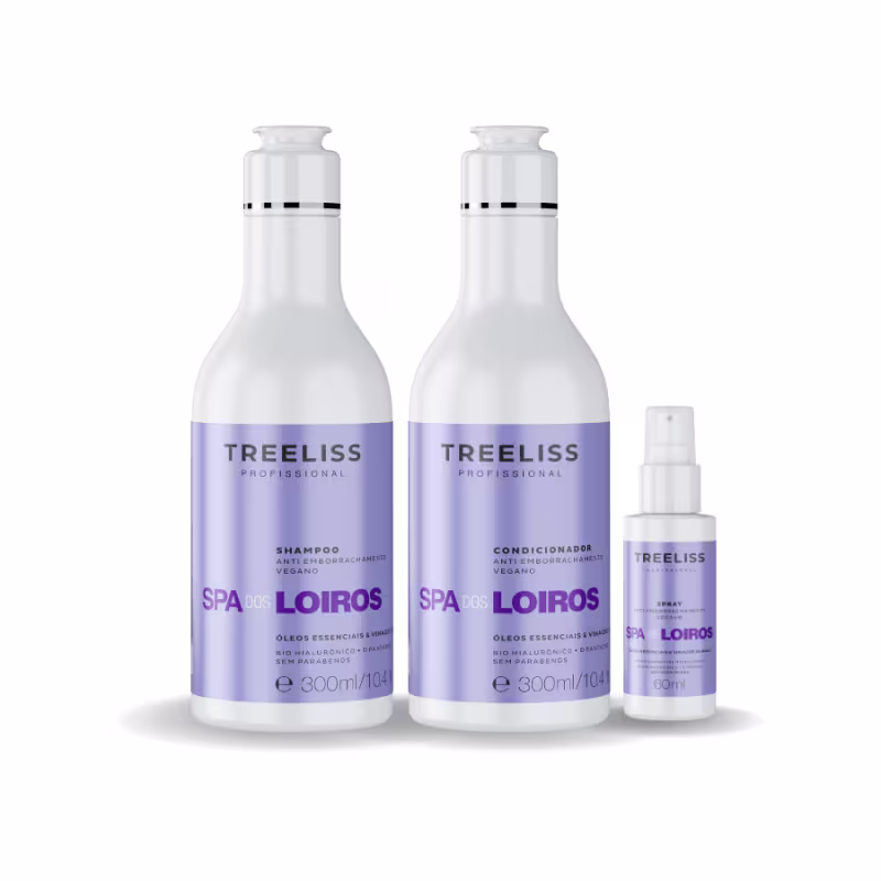 Produtos de cuidados capilares TreeLiss Profissional para cabelos loiros. Dois frascos de 300ml cada, contendo shampoo e condicionador veganos com óleos essenciais. Rótulos roxos com o nome "SPA dos Loiros". Um frasco menor de spray de 60ml na mesma linha