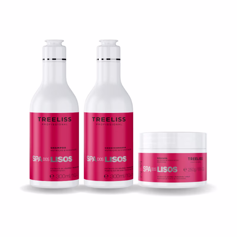 Produtos de tratamento capilar TreeLiss Profissional para cabelos lisos. Dois frascos de 300ml contendo shampoo e condicionador, com rótulos vermelhos e texto "Spa dos Lisos". Um pote de máscara capilar de 250g na mesma linha.
