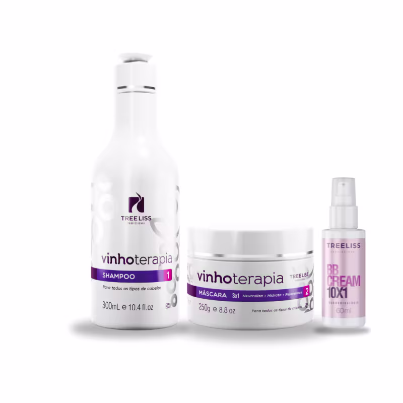 Linha de tratamento capilar da marca TreeLiss Profissional. Consiste em um shampoo em frasco de 300ml, uma máscara capilar em embalagem de 250g e um leave-in em frasco spray de 60ml.