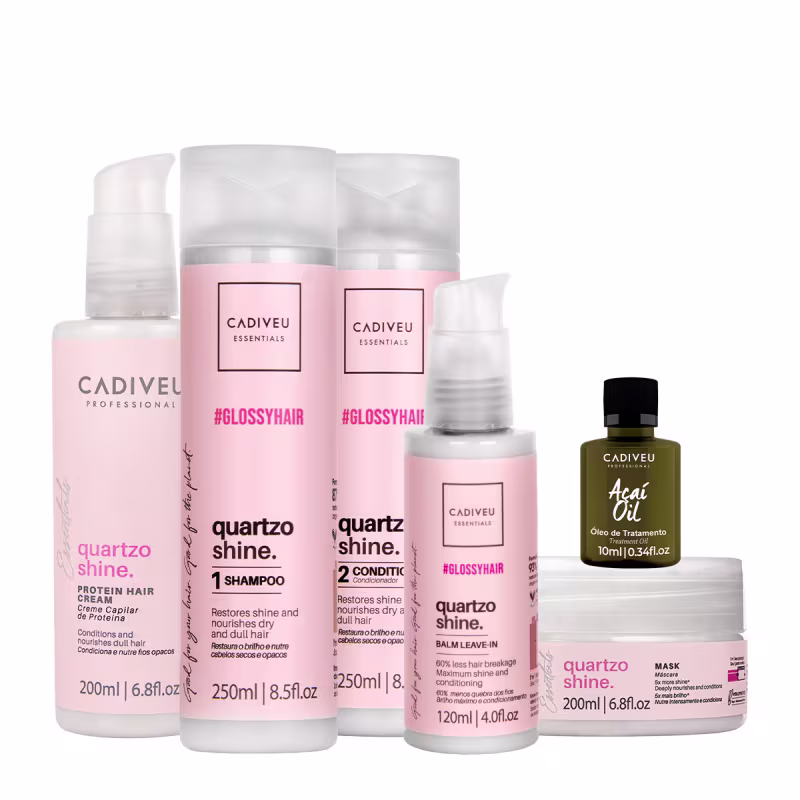 Produtos da linha Cadiveu Professional Quartzo Shine, incluindo creme de proteína de quartzo, shampoo, condicionador, leave-in e óleo de tratamento Açaí Oil