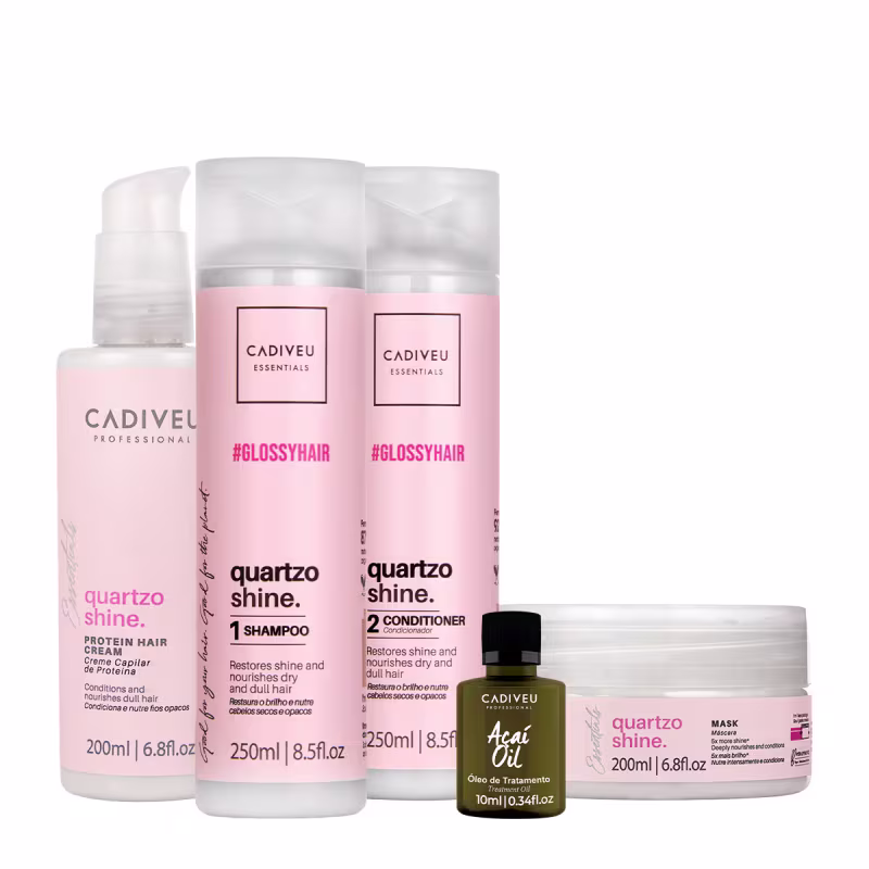 Produtos de cabelo da marca Cadiveu Professional, incluindo creme de proteína de quartzo, shampoo e condicionador Quartzo Shine, óleo de tratamento Açaí Oil e máscara Quartzo Shine, em embalagens plásticas e de vidro com rótulos em tons de rosa e dourado.