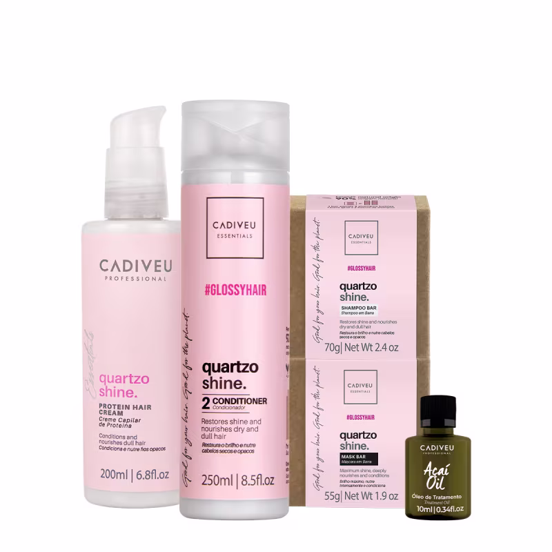 Kit Cadiveu Professional Essentials Quartzo Shine Shampoo em Barra Condicionador Máscara em Barra Pré-Shampoo e Açaí Oil