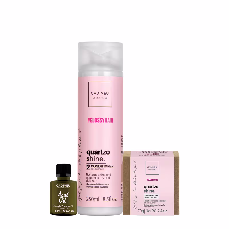 Kit Cadiveu Professional Essentials Quartzo Shine Shampoo em Barra Condicionador e Açaí Oil (3 produtos)