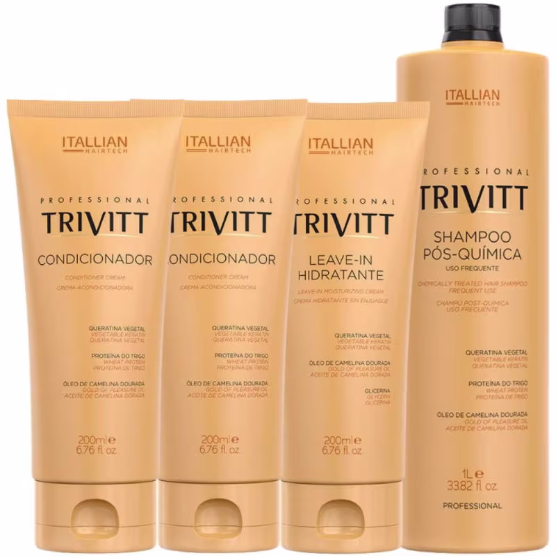 Um shampoo pós-química, dois condicionadores e um leave-in hidratante.