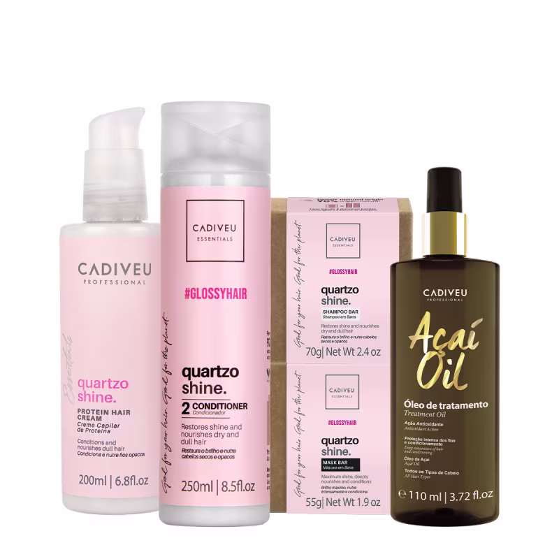 Kit Cadiveu Professional Essentials Quartzo Shine Shampoo Barra Condicionador Máscara Barra Pré-Shampoo e Açaí Oil 110
