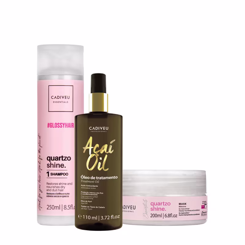 Conjunto de produtos Cadiveu Essentials, incluindo um frasco de shampoo rosa de 250ml com rótulo "#glossyhair" e um pote de máscara branca de 200ml, além de um frasco de óleo de tratamento Acai Oil de 110ml.