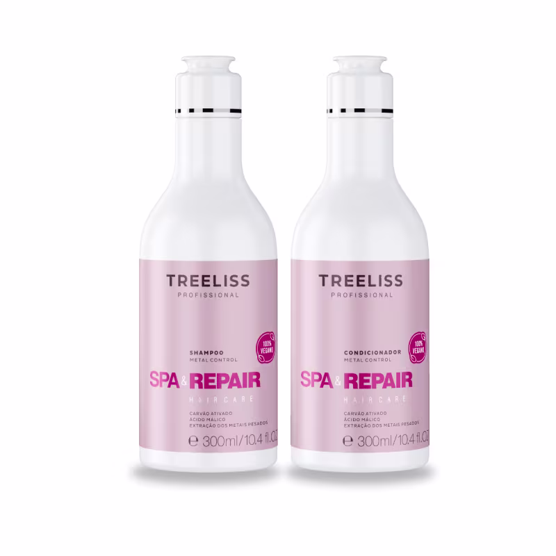 Shampoo e condicionador da linha Spa & Repair Metal Control da marca Treeliss Profissional, cada um com 300ml cada