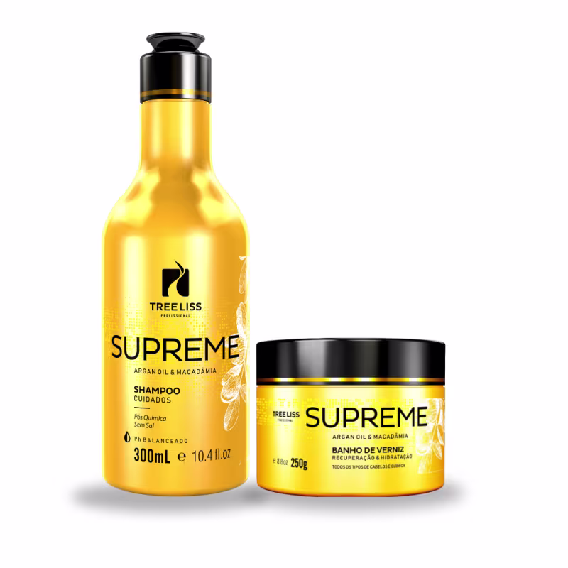 Produtos de cuidados capilares TreeLiss Profissional Supreme. Um shampoo em frasco amarelo de 300ml com tampa preta e rótulo preto. Um banho de verniz em pote amarelo de 250g com tampa preta e rótulo preto.
