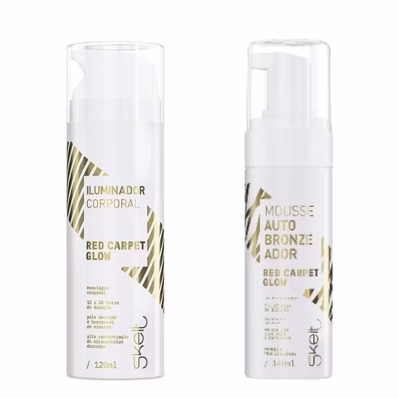 Dois frascos de produtos Skelt: um Iluminador Corporal "Red Carpet Glow" e um Mousse Auto Bronze "Red Carpet Glow", ambos com embalagens brancas e detalhes em dourado.