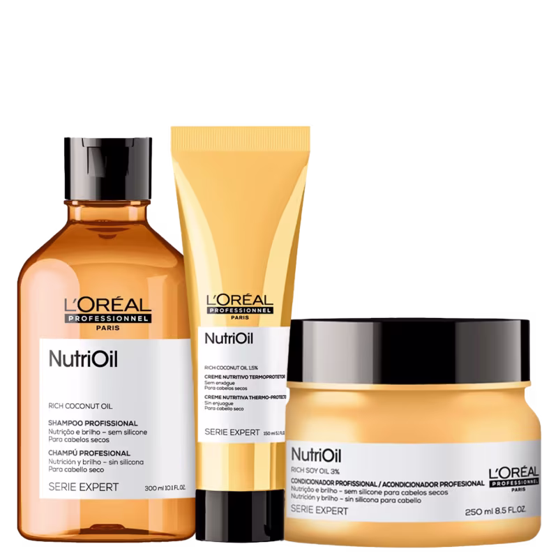 A imagem mostra produtos da linha NutriOil da L'Oréal Professionnel. O primeiro é um shampoo em um frasco âmbar de plástico com rótulo branco, contendo 300ml. O segundo é um creme nutritivo com 150ml. O terceiro é uma máscara capilar de 250ml.