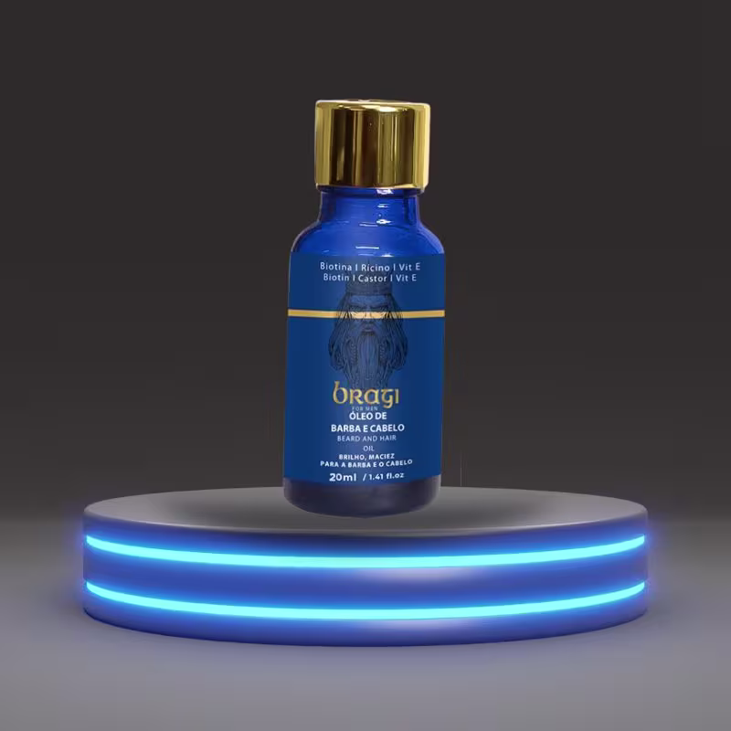 A imagem mostra um frasco pequeno de vidro azul posicionado sobre uma base iluminada com luzes azuis e brancas concêntricas, criando um efeito visual atraente.