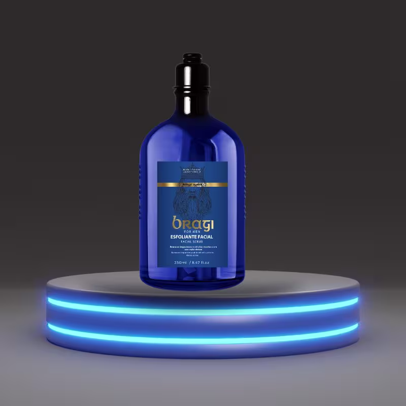 A imagem mostra um grande frasco de vidro azul escuro contendo um produto facial da Le'Kefir. A embalagem está posicionada sobre uma base iluminada com luzes azuis circulares, criando um efeito vibrante, moderno e sofisticado.