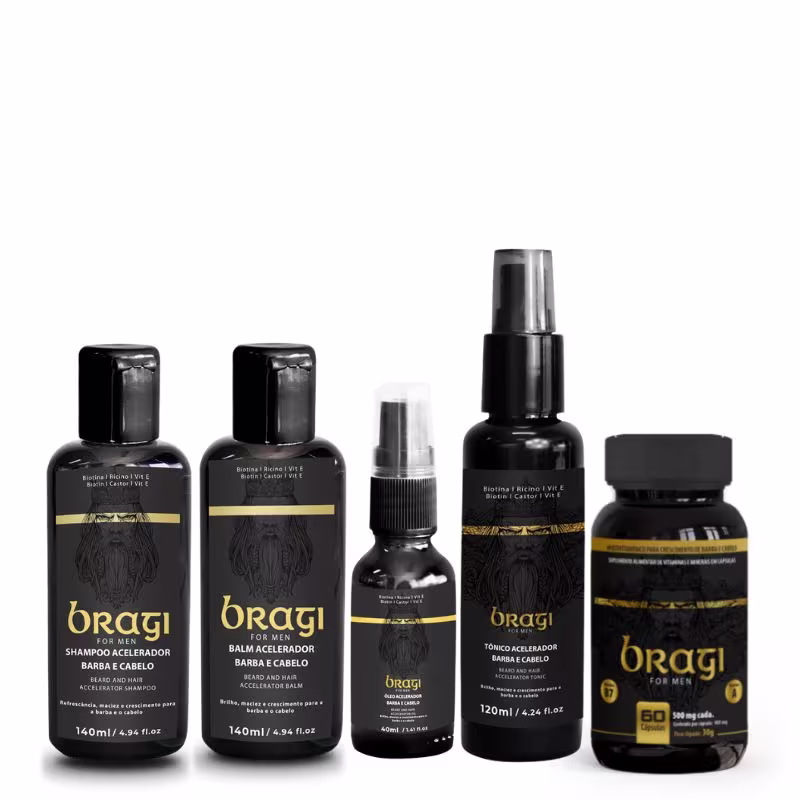 A imagem mostra um kit de produtos da linha Bragi for Men. Ela apresenta diversos itens, todos com embalagens pretas com detalhes em dourado. Os produtos são voltados para o crescimento e cuidado de barba e cabelos masculinos.