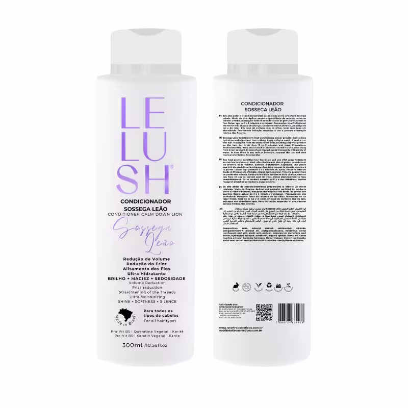 A imagem mostra o frasco de condicionador na frente e a parte de trás. Na parte da frente há um rótulo com o logo e o nome do produto. Na parte traseira, apresenta informações detalhadas sobre a fórmula e alguns dados adicionais.