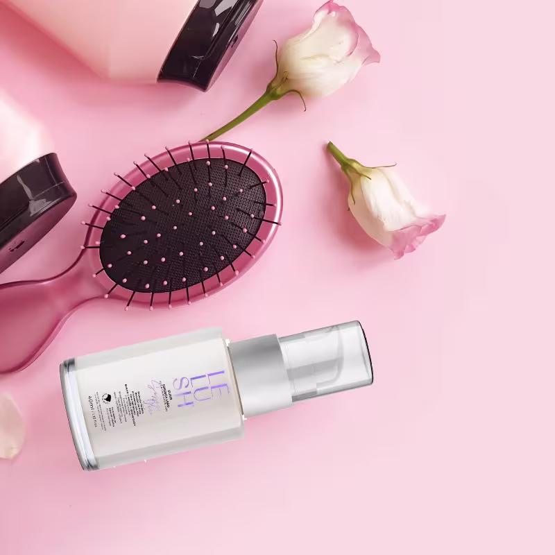 A imagem mostra uma escova de cabelo redonda com cerdas pretas e detalhes rosa, duas flores brancas delicadas e um frasco transparente com o elixir capilar. Os itens estão dispostos sobre um fundo rosa claro, criando uma atmosfera delicada.
