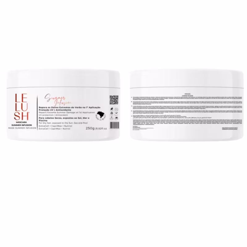 A imagem mostra o pote da máscara capilar na frente e a parte de trás. Na parte da frente há um rótulo com o logo e o nome do produto. Na parte traseira, apresenta informações detalhadas sobre a fórmula e alguns dados adicionais.