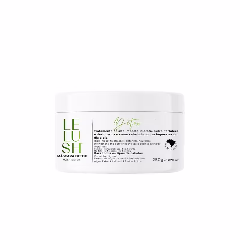 A imagem mostra um pote plástico branco de 250g com máscara capilar. A embalagem tem design simples, com o nome da marca e do produto escritos em um tom verde escuro.