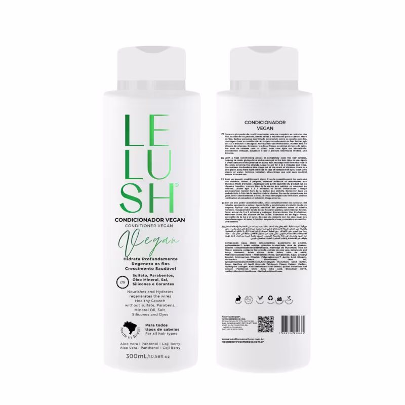 A imagem mostra a frente e o verso do frasco de condicionador. Na parte da frente há um rótulo com o logo e o nome do produto. Na parte traseira, apresenta informações detalhadas sobre a fórmula e alguns dados adicionais.