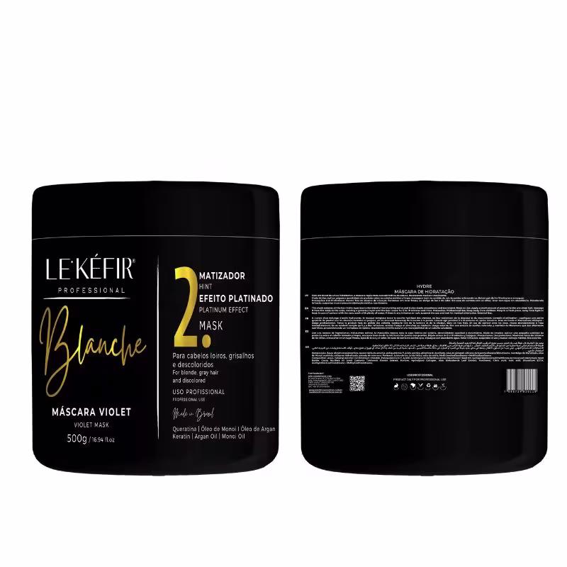 A imagem mostra a frente e o verso do pote da máscara capilar. Na parte da frente há um rótulo com o logo e o nome do produto. Na parte traseira, apresenta informações detalhadas sobre a fórmula e alguns dados adicionais.