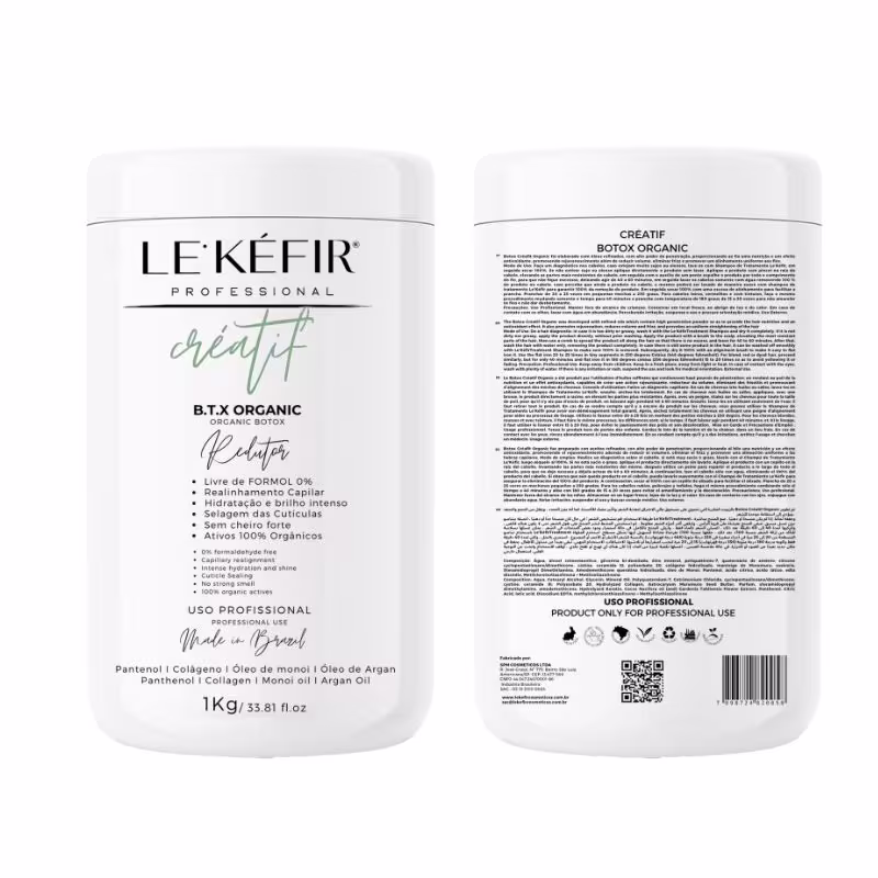 A imagem mostra a frente e o verso do pote do Redutor de Volume. A parte da frente destaca algumas informações básicas sobre o produto, já o verso traz os ingredientes, modo de uso, precauções e outros dados adicionais.