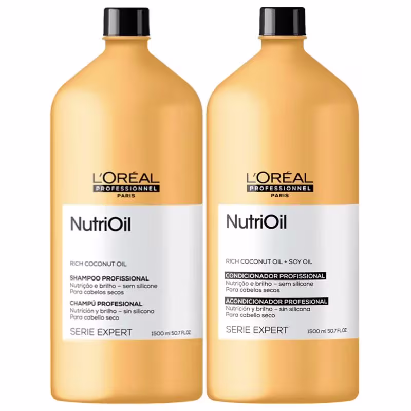 Shampoo e condicionador da linha NutriOil da L'Oréal Professionnel. Os frascos possuem formato cilíndrico com tampas pretas e rótulos com o nome do produto e informações sobre sua composição à base de óleo de coco e óleo de soja.
