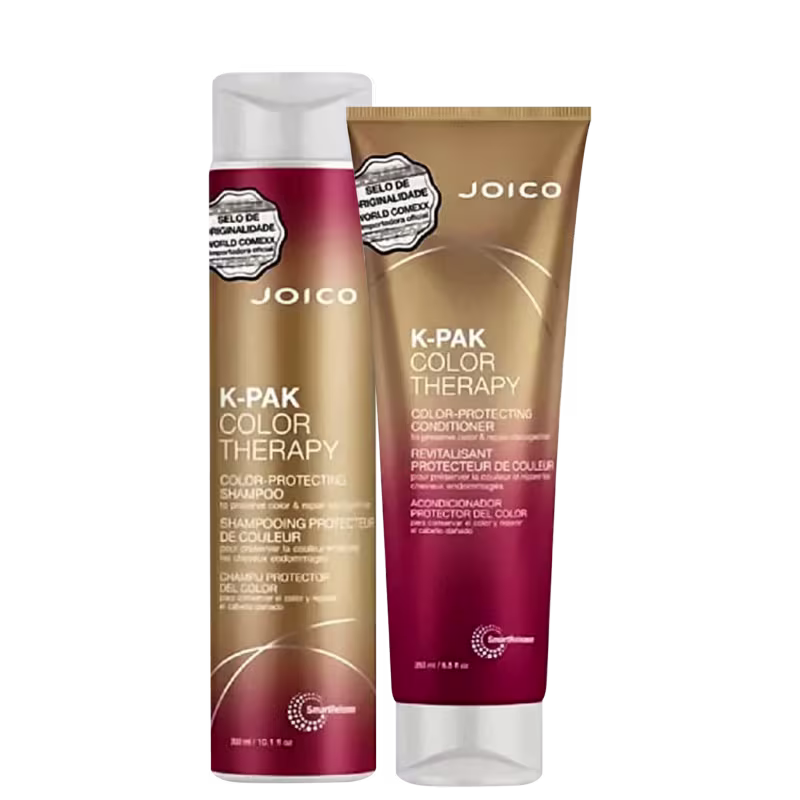 São dois produtos da linha K-PAK Color Therapy da marca Joico: shampoo de 300ml e condicionador de 250ml, em embalagem vermelha e dourada.