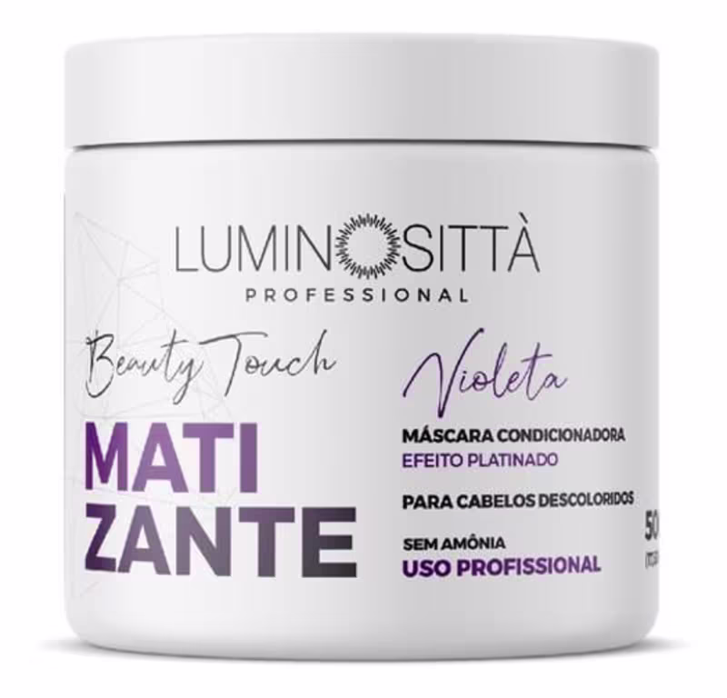 Matizante violeta da marca Luminosittà. Sua embalagem é branca, com detalhes em violeta. Também é destacado que é um uso profissional e que não contém amônia em sua fórmula.