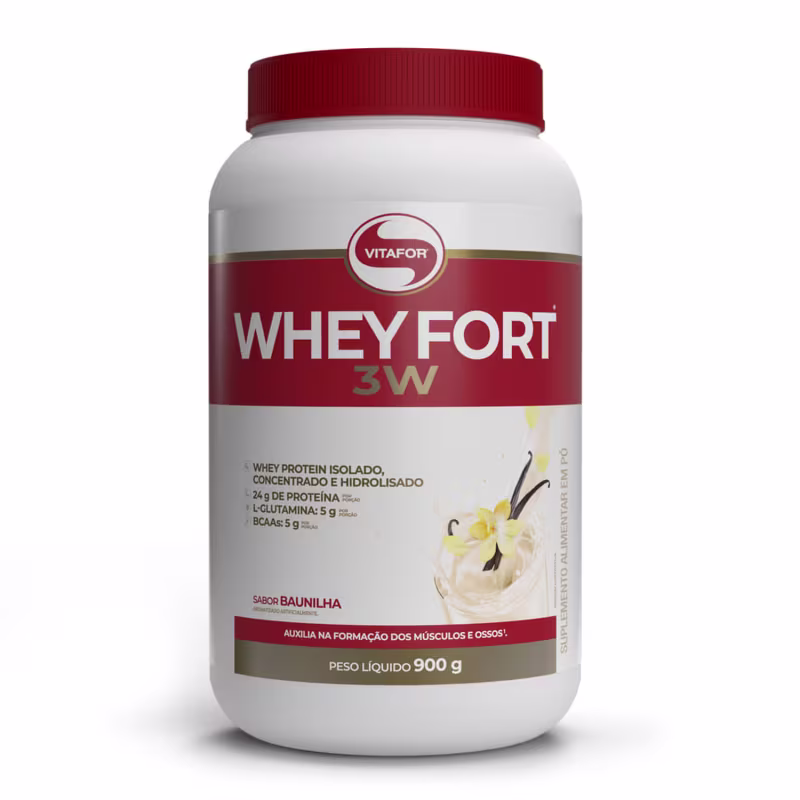 Frasco branco com tampa vermelha da marca Vitafor, contendo o suplemento alimentar Whey Fort 3W, com informações sobre sua composição e sabor baunilha.