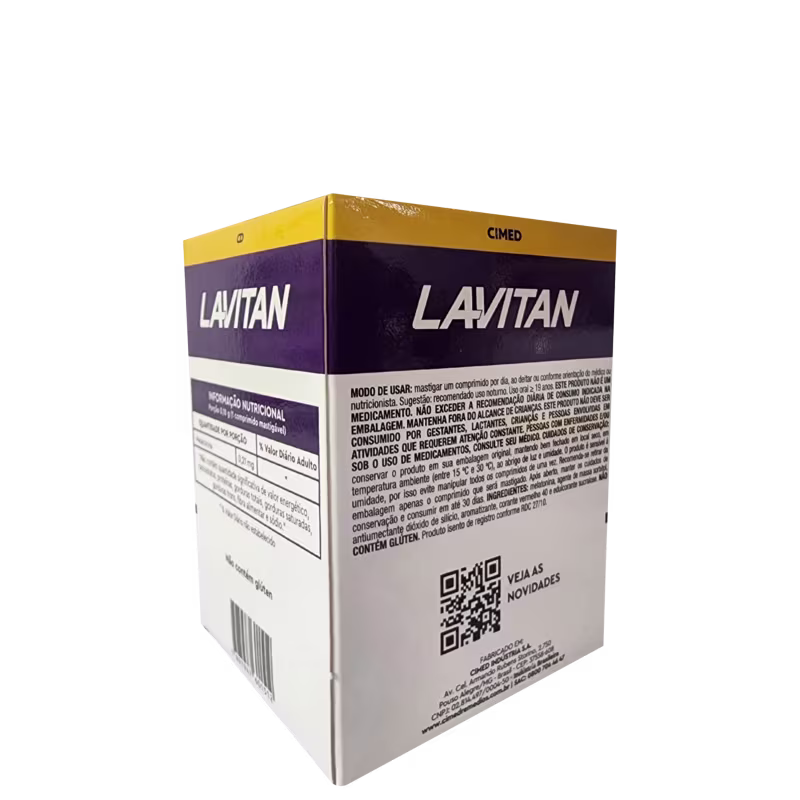 Rótulo com informações gerais do Cimed Lavitan Suplemento Alimentar Melatonina Sabor Morango em Comprimidos Mastigáveis 30 Comprimidos