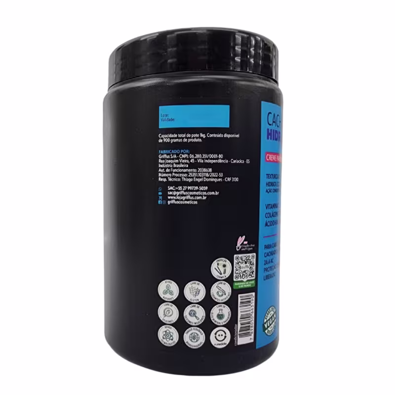 A imagem mostra a outra lateral do produto que traz todas as informações da fórmula em letras brancas.