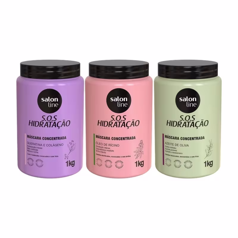 Kit com 3 Máscaras SOS Hidratação: Ultra Cachos + Turbinada + Bio-Reconstrução Salon Line