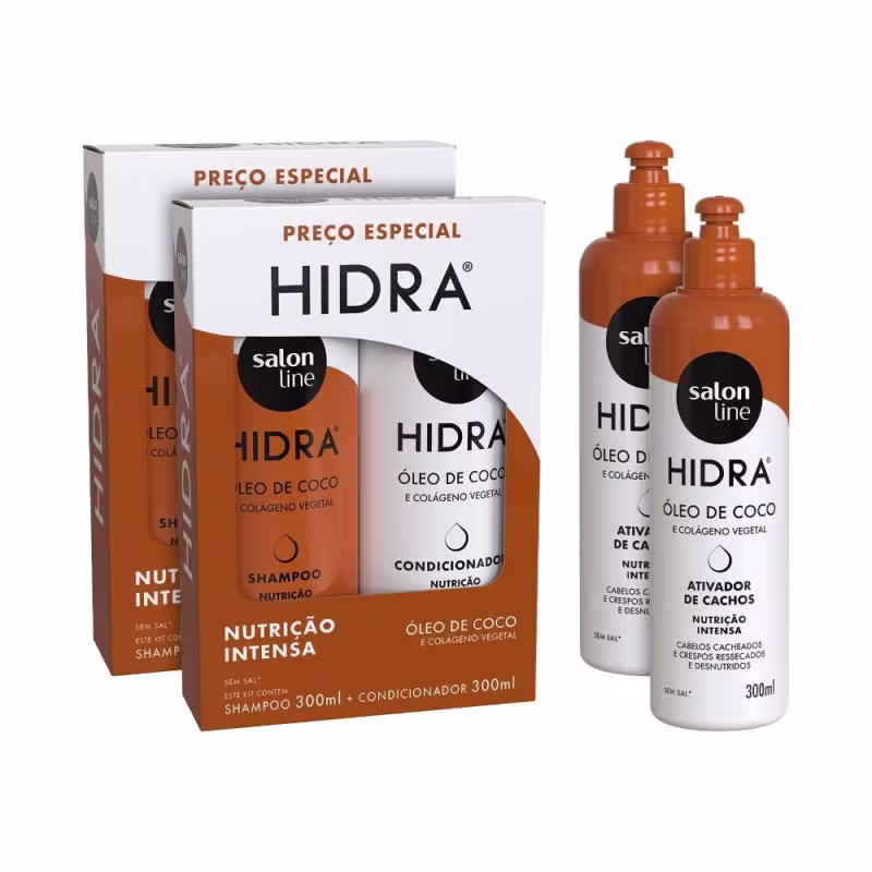 Kit Hidra Coco 2 Shampoos, 2 Condicionadores, 2 Ativadores de Cachos, Salon Line