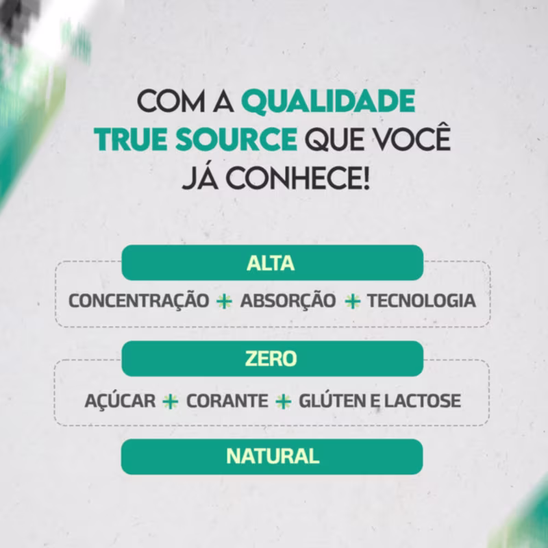 O produto apresentado é uma linha de suplementos alimentares da marca True Source. Entre os seus benefícios, estão:

- Alta concentração de nutrientes, boa absorção pelo corpo e tecnologia avançada.
- Zero: Açúcar + Corante + Glúten e Lactose
- Natural