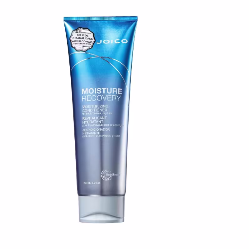 A imagem mostra a embalagem do condicionador em tubo plástico azul brilhante com detalhes prateados.