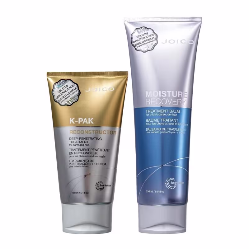 A imagem mostra dois produtos da marca Joico. Um bálsamo de tratamento chamado "K-Pak Reconstructor" em uma embalagem dourada. O outro é um bálsamo de tratamento hidratante chamado "Moisture Recovery Treatment Balm" em uma embalagem azul e branca.