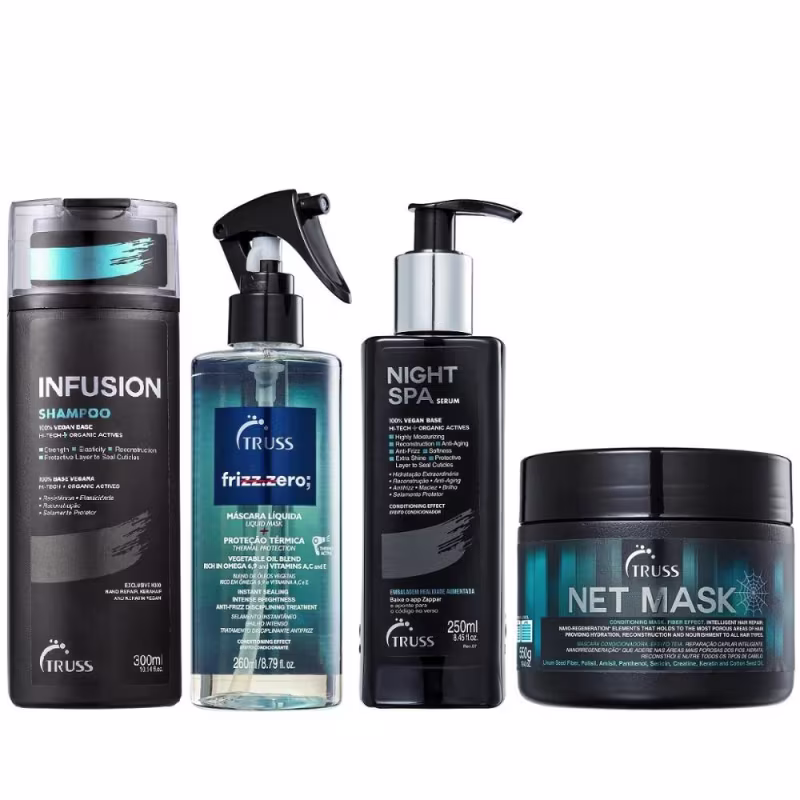 Produtos de cuidados capilares da marca Truss, incluindo shampoo Infusion, máscara líquida Frizz.zero, sérum Night Spa e máscara Net Mask, em embalagens plásticas e metálicas com cores predominantes preto e azul.
