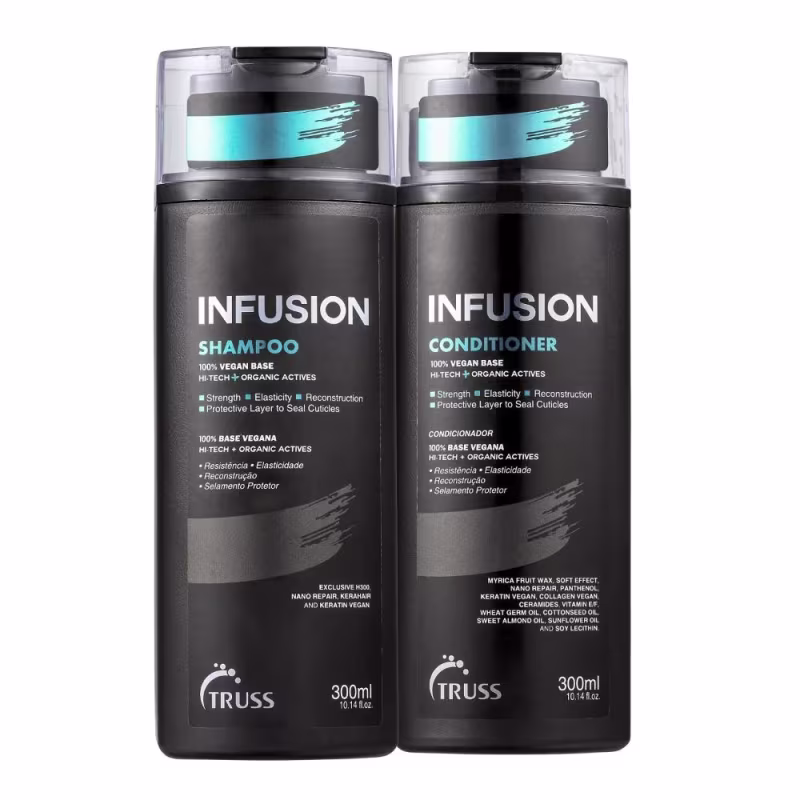 A imagem apresenta um shampoo e um condicionador, todos com embalagens plásticas pretas de 300ml. Os frascos tem o nome da linha "Infusion" e o logo da Truss.