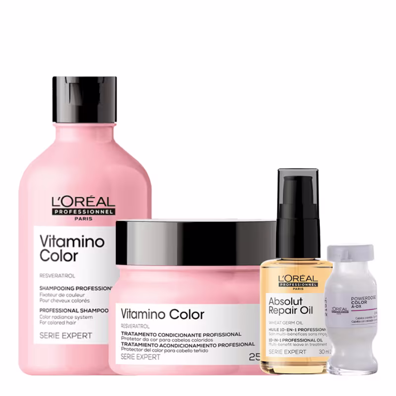 A imagem mostra quatro produtos de cuidados capilares da linha L'Oréal Professionnel. Há um frasco rosa de shampoo, um pote rosa de máscara capilar, um frasco âmbar de óleo reparador e uma ampola branca com um produto concentrado.