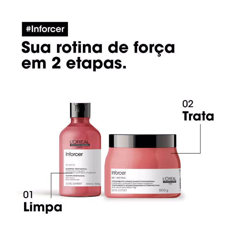 Linha de tratamento capilar da L'Oréal Professionnel chamada Inforcer. Consiste em dois itens: um shampoo e uma máscara de tratamento 500g. Ambas as embalagens exibem o nome do produto "Inforcer".