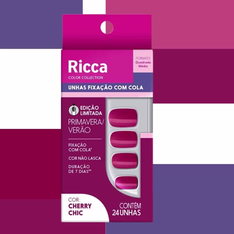 Kit 24 Unhas Postiças Formato Quadrado Médio Cor Cereja Chique Primavera e Verão Ricca