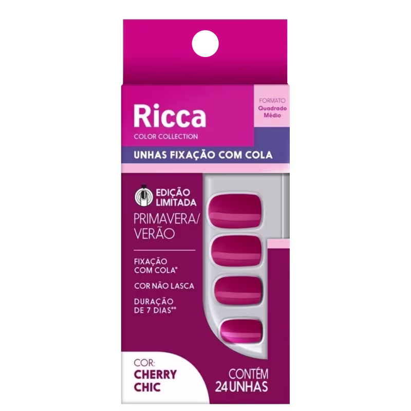 Kit 24 Unhas Postiças Formato Quadrado Médio Cor Cereja Chique Primavera e Verão Ricca