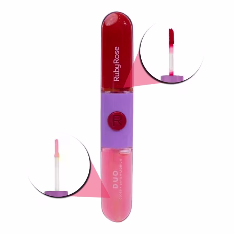 Batom duo em embalagem cilíndrica. Na parte superior um batom líquido em tom vermelho. Na parte debaixo um gloss. Tanto o batom quanto o gloss possuem aplicador típico de batons líquidos.