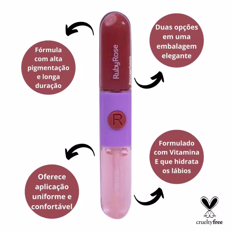 A embalagem possui o logotipo da marca Ruby Rose e destaca que o produto possui alta pigmentação e longa duração, além de ser formulado com vitamina E para hidratar os lábios. Também é mencionado que o produto é cruelty-free.