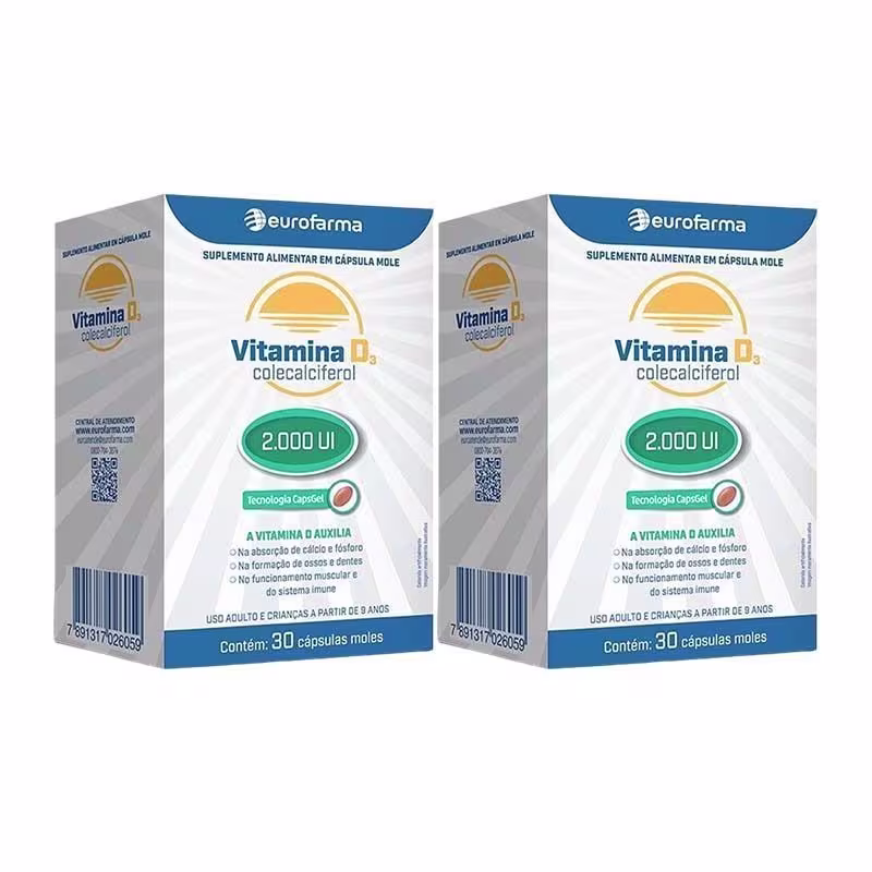 KIT 2 Vitaminas D3 2.000UI Eurofarma 30 cápsulas