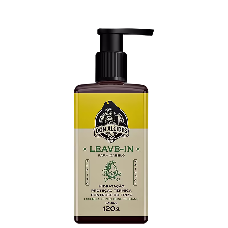 Frasco de leave-in da marca Don Alcides, com design em tons de amarelo e preto. O rótulo apresenta informações sobre os benefícios do produto, como hidratação, proteção térmica e controle do frizz.