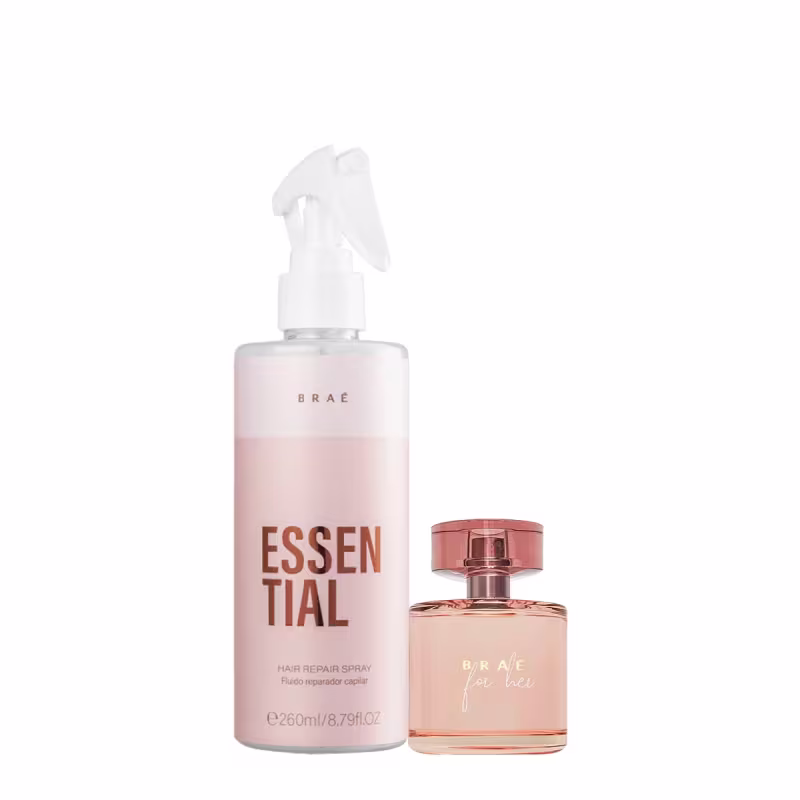 Apresenta um frasco spray de plástico transparente com líquido rosa claro, rotulado como "Essential Hair Repair Spray" de 260ml. Ao lado, há um frasco de vidro rosa com tampa dourada, o perfume feminino da mesma marca, chamado "Braé for her".