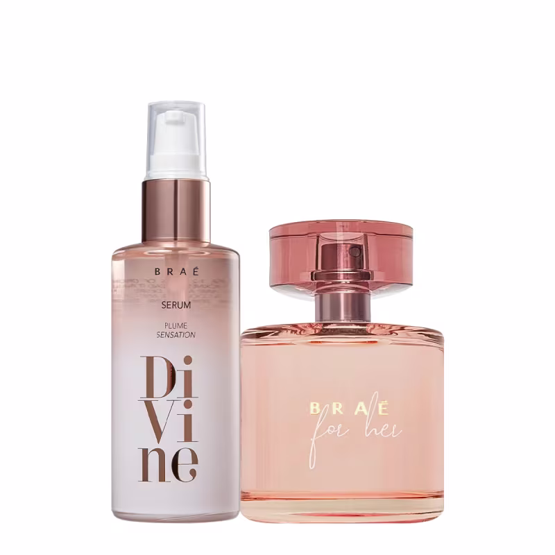 A imagem mostra 2 produtos de Braé. Um frasco de perfume feminino cor de rosa claro com detalhes em tom rosado metálico. O frasco tem formato cilíndrico e a tampa é transparente com detalhes rosados. O outro é um frasco de sérum com bomba dosadora.