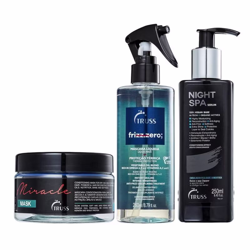 Três produtos da marca Truss: máscara condicionadora Miracle, frasco spray Frizz.Zero e frasco de sérum Night Spa, com embalagens pretas e azuis, apresentando informações sobre os benefícios e ingredientes dos produtos.