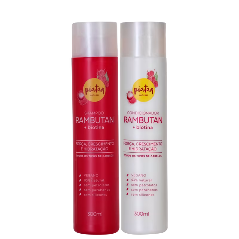 Shampoo e condicionador Rambutan da marca Piatan Natural. Frascos cilíndricos de 300ml em plástico, um vermelho e outro branco. Rótulos com o logotipo da marca em amarelo e vermelho, destacando os ingredientes rambutan e biotina.